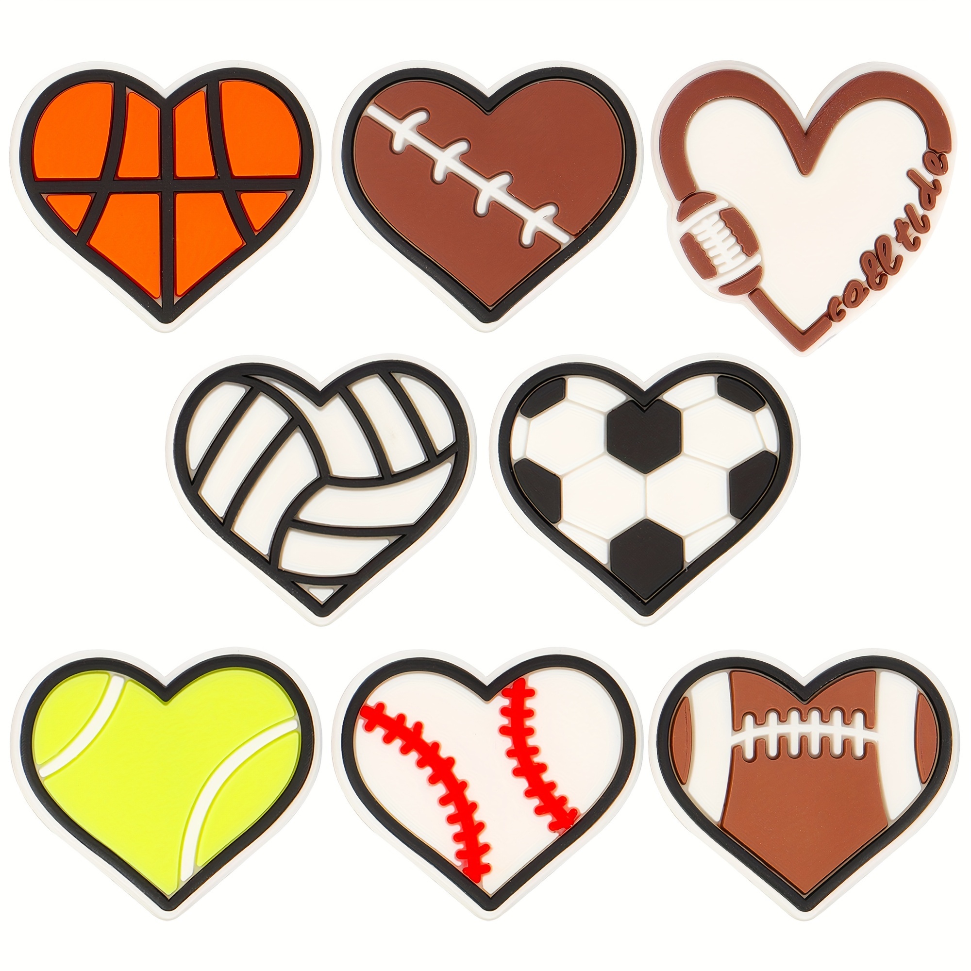 

8-pack Sports Themed Silicone Beads, Heart-shaped Football Basketball Soccer Baseball Beads For Pen & Keychain Crafting, Diy Pen Bead Charm Sports Party Favor Decorations, Plastic Material