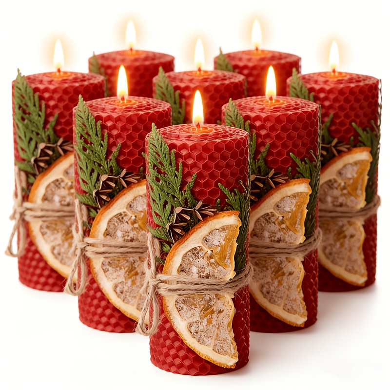 Image of Unique Hand-rolled Beeswax Pillar Candles (8-pack) | Dried Orange And Cedar Accents | Flat | 1.38" X 3.94" | Perfect For Wedding Centerpieces And Decor