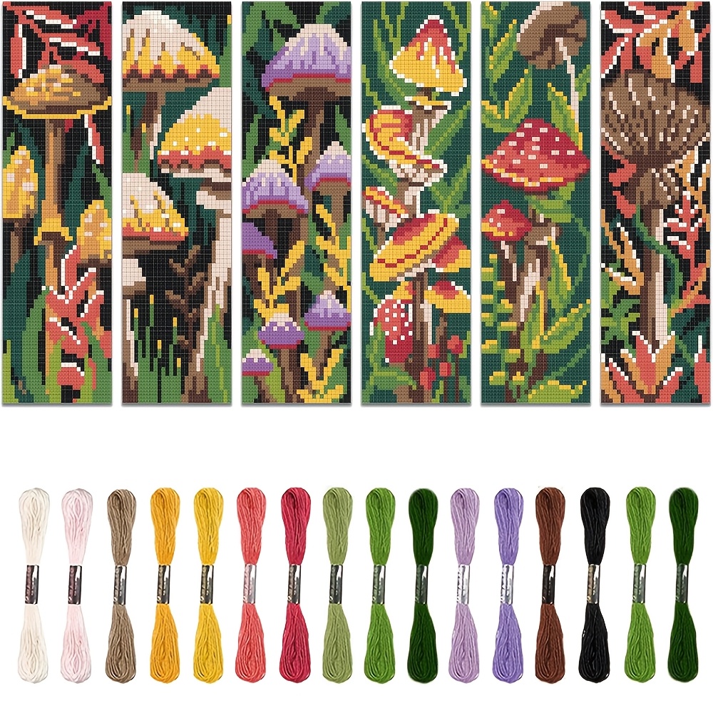 TEMU 6pcs Mushroom Forest Themed Cross- Bookmark Diy Art Kit - Includes 6 Printed Cross- Fabrics, Embroidery Thread, Embroidery Tools, Instructions -