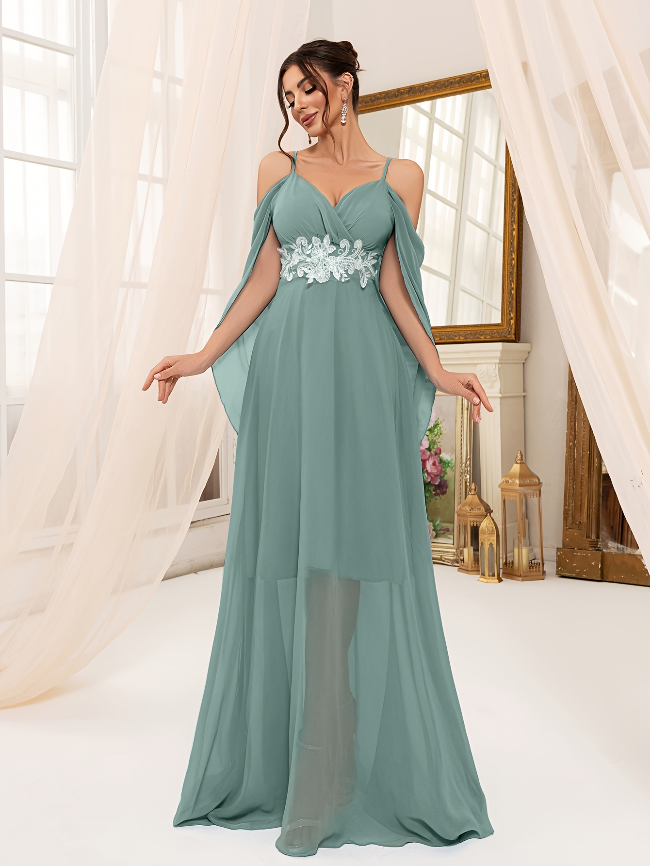 blue floral embroidery spaghetti strap wedding dress fantasy tulle deep v  dress - women's clothing - Temu