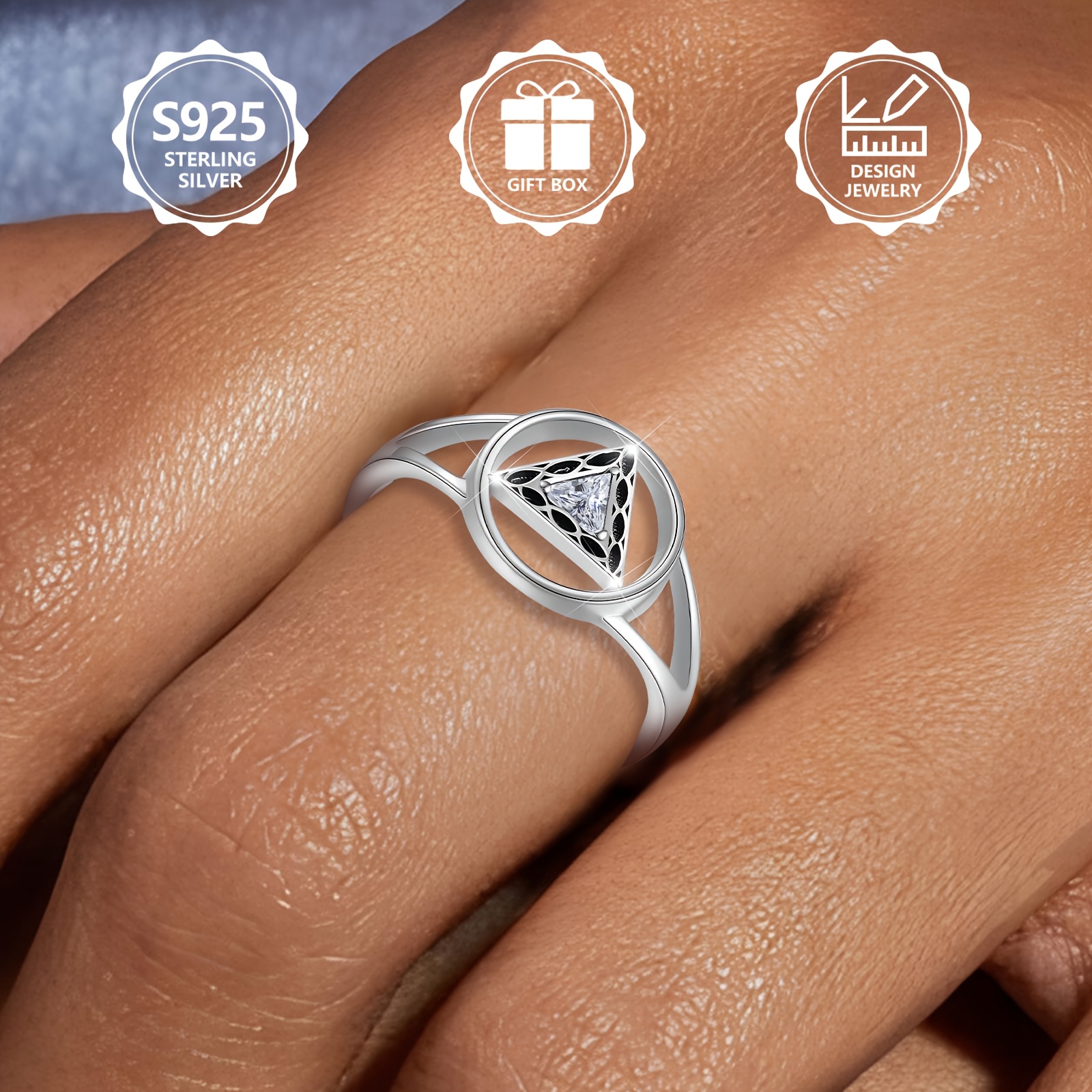 925 Sterling Silver Triangle Zirconia Hollow Circle Ring