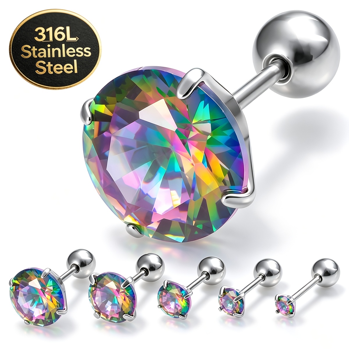 TEMU 5pcs 16g Cartilage Tragus Helix Stud Round Synthetic Cubic Zirconiaia Steel Barbell Earrings For Women Men 3-8mm Screw Back Piercing Earrings