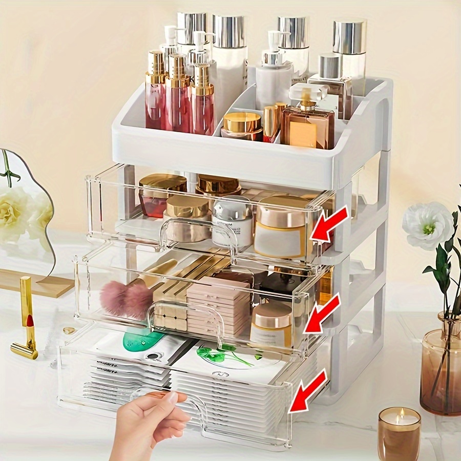 TEMU 4-tier Transparent Cosmetics Organizer: Large , Drawer Storage, Suitable For Bathrooms, Includes Shelf For Lipsticks, Polishes, And Makeup Brushes