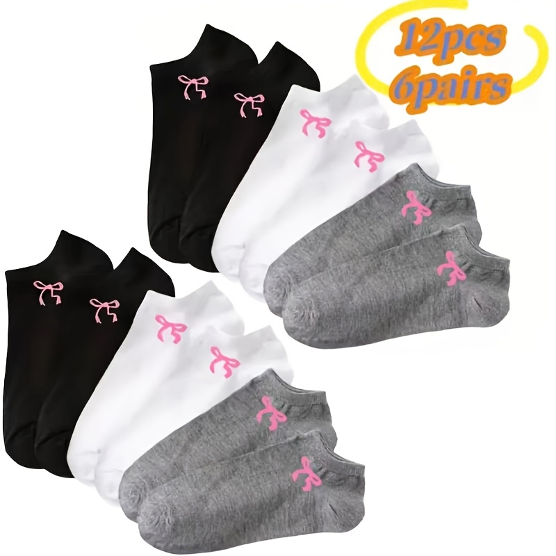 TEMU Lot de 6/12 paires de chaussettes bateau 3/6 paires noires, blanches, grises avec nœud papillon rose - Chaussettes tendance, et polyvalentes à