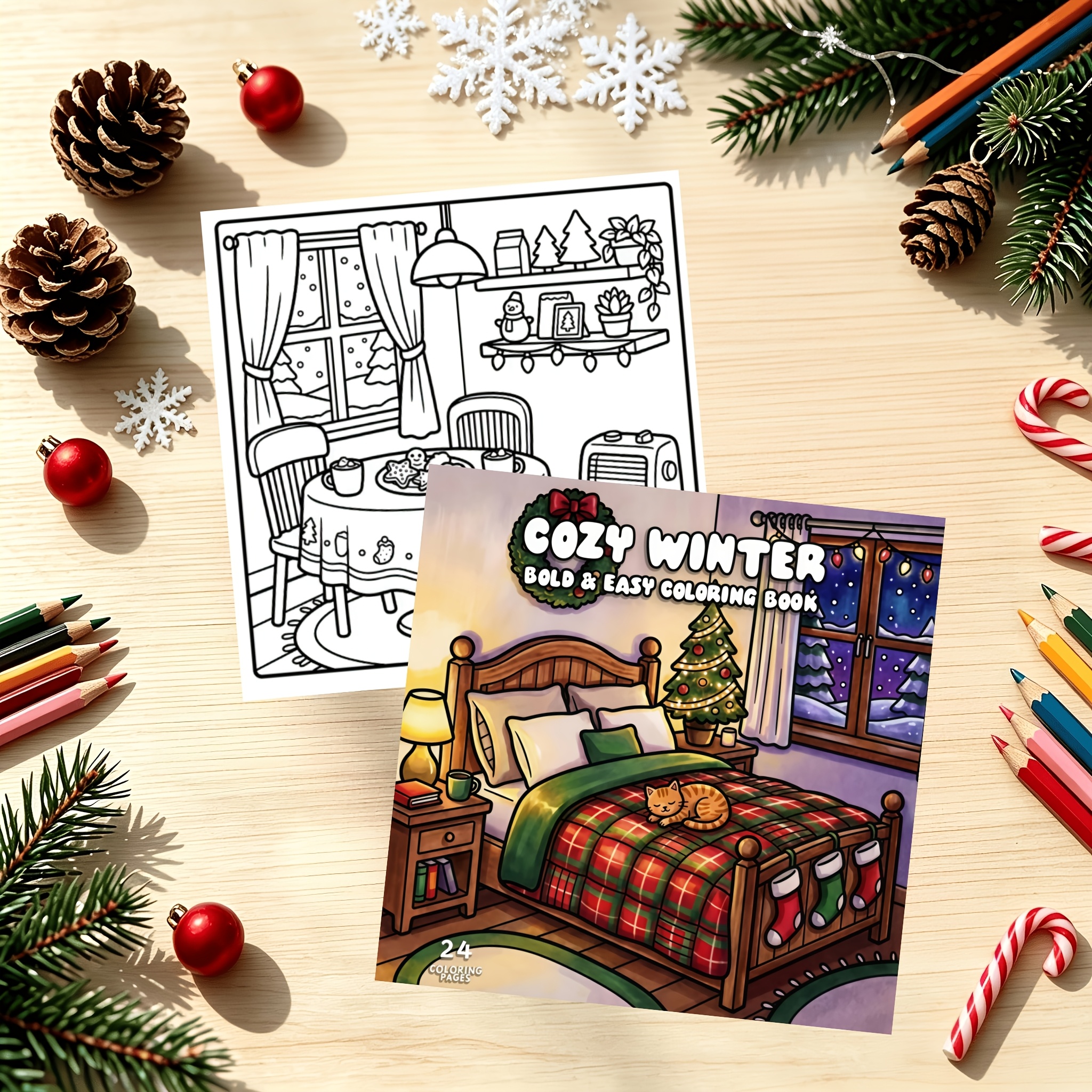 TEMU A Cozy Winter Coloring Book With 24 Single-sided Pages, Filled With Warm Interiors, Festive Decorations, And Holiday Scenes. Perfect For Adults