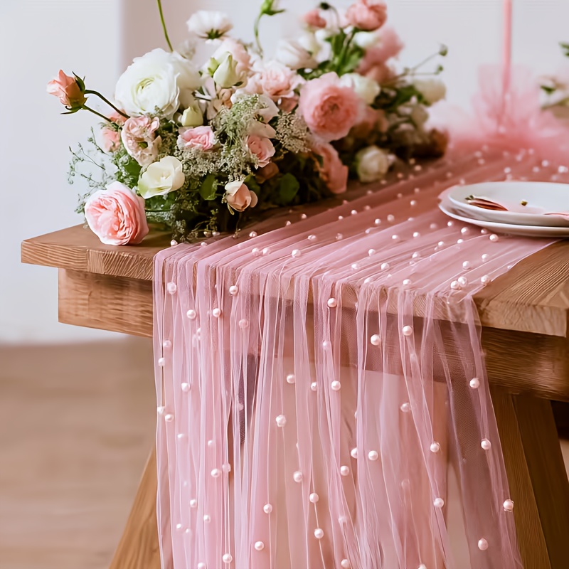 E-shop Pinkfarbener, durchsichtiger Tischläufer mit Perlen | Weiche Tüll, roséfarbene Perlen, 300 cm (118'') Länge, Polyester, geeignet für Hochzeiten,
