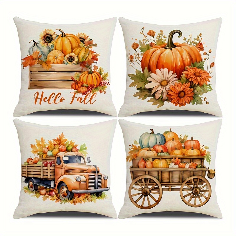 

4-pack Autumn-themed Linen Pillow Covers 18x18in - Pumpkin & Car Design, Zip Closure, Machine Washable - Perfect For Home Decor