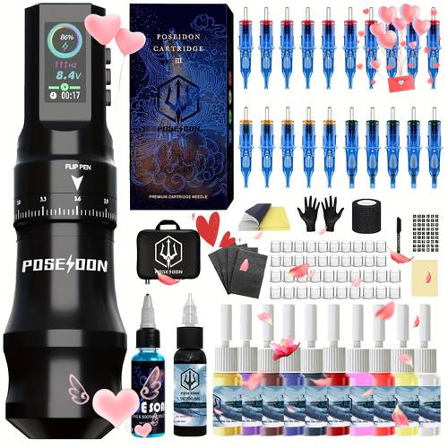 poseidon tattoo pen kit wireless rotary tattoo gun kit led color screen tattoo machine kit with 20pcs tattoo cartridge needles 11 tattoo inks for beginners