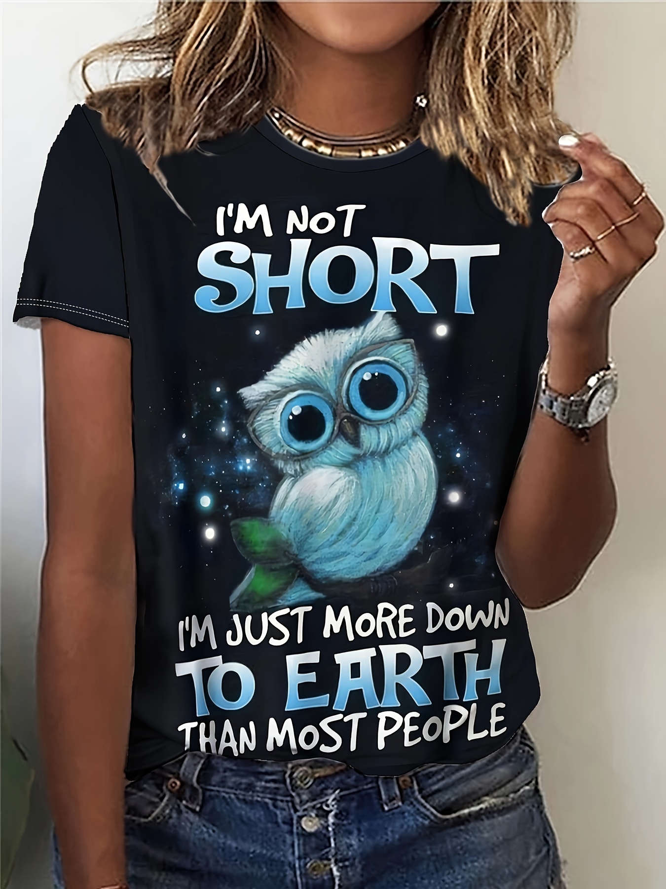 Owl Print Tシャツ、春夏用のカジュアルな半袖クルーネックトップ