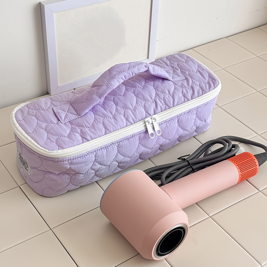 Heart Quilted Travel Bag, Large Capacity Storage Organizer For Curling Iron, Cosmetics & Toiletries