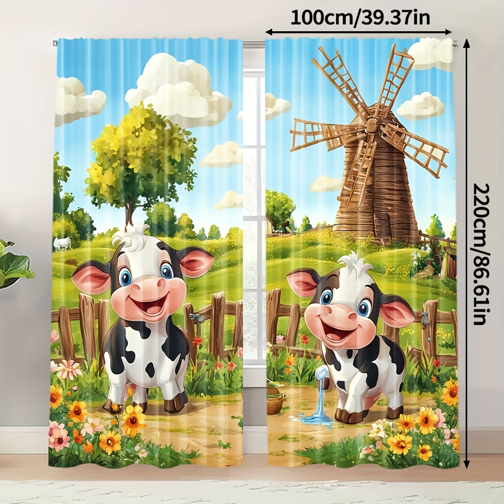 TEMU 2pcs, Cute Cartoon Print Curtains, Farmhouse Little Cow, Machine Washable Fabric, For Kitchen, Coffee Shop, Living Room, Balcony, Garden