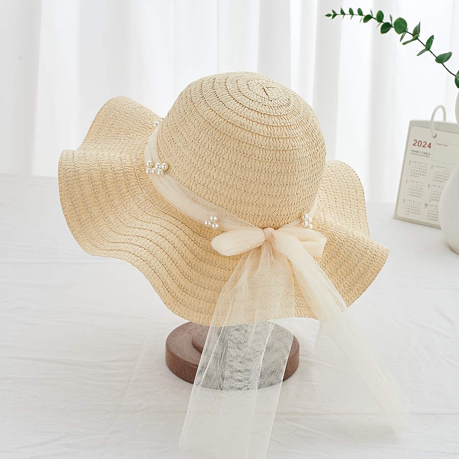 E-shop 1 X Eleganter Stroh-Sonnenhut mit schlichtem Design, Spitze, Schleife gewelltem Rand. Geeignet für Strandurlaub, Ausflüge als dekoratives