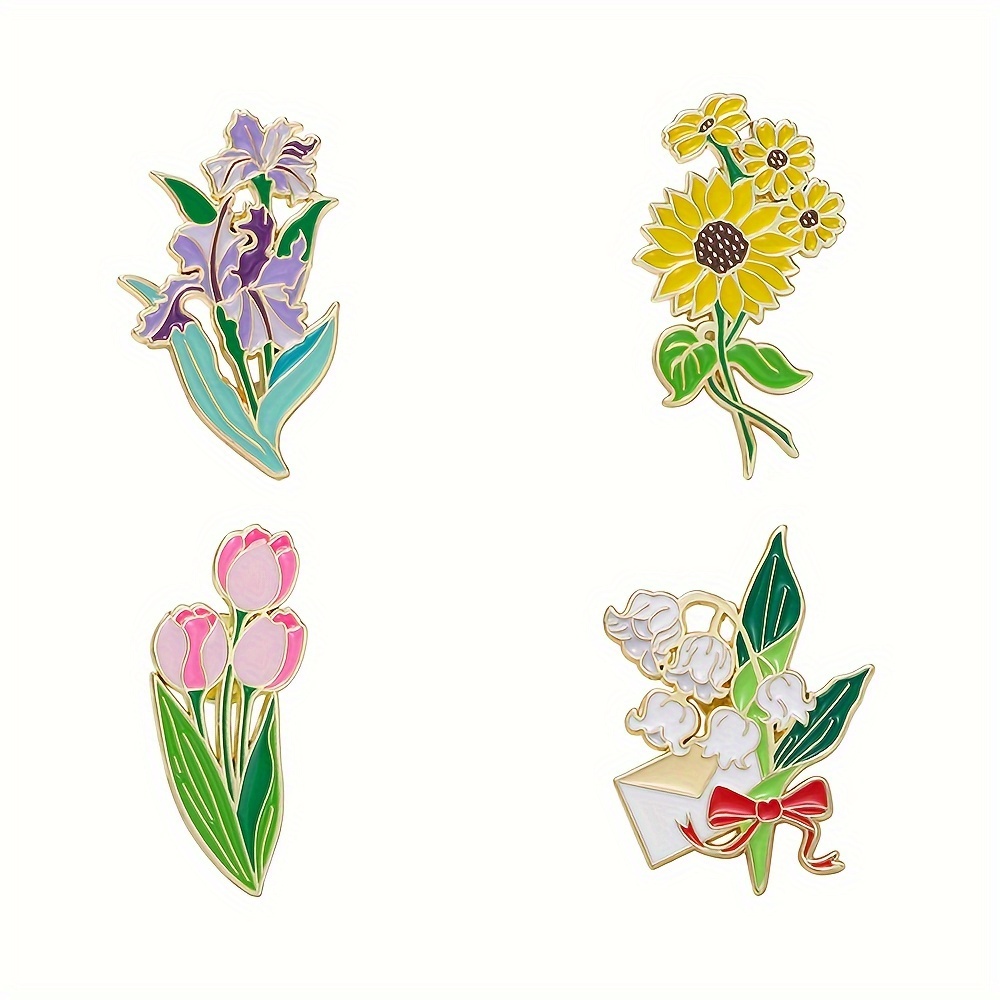 

4-piece Set Elegant Flower Enamel Pins - Alloy Minimalist Brooches With Iris, Sunflower, Bell Orchid & For Lapel & Bag Decoration - Fashionable Jewelry Gifts