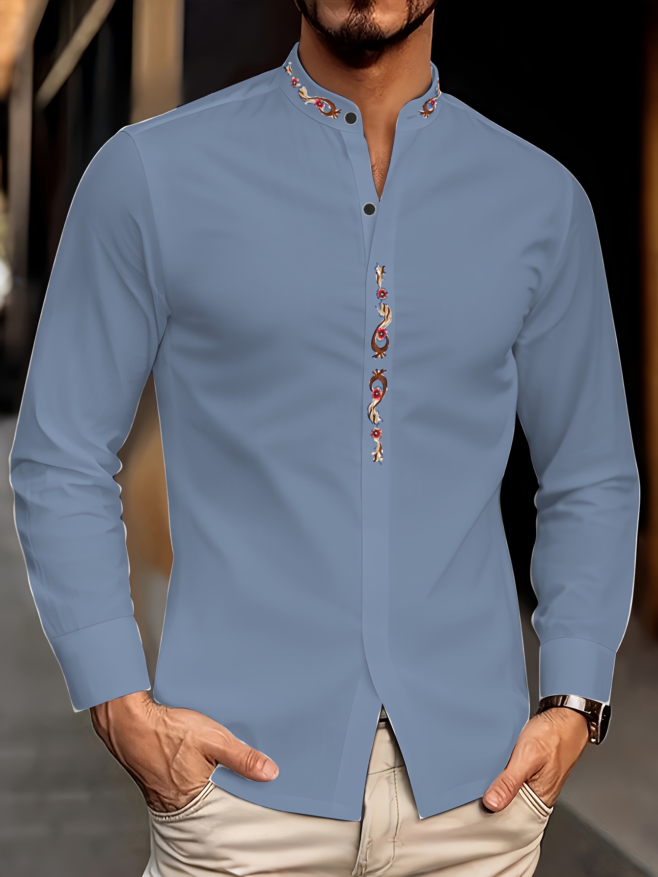 mens embroidered casual long sleeved shirt embroidered - Temu
