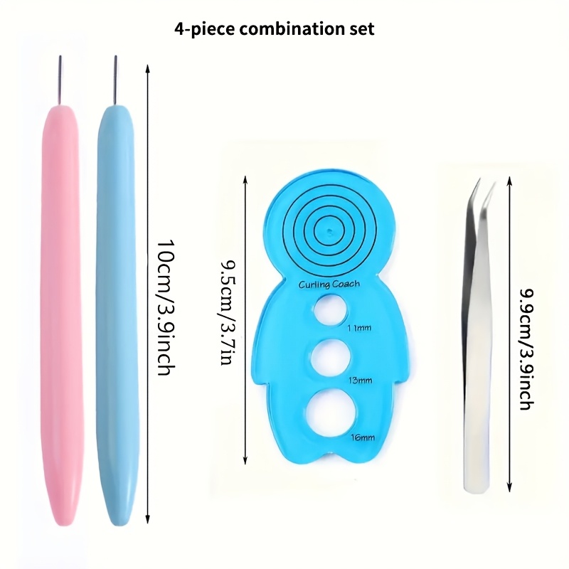 TEMU 4pcs Paper Quilling Tools Slotted Kit, Different Sizes Rolling Curling Quilling Needle Cardmaking Set 2 Quilling Pens (pink+blue), Tweezers, And
