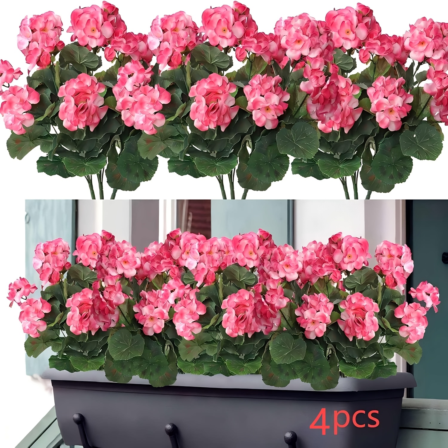 E-shop 4 Stk. ZEKONAN Rote Geranien-Seidenblumen, UV-beständige Künstliche Gartenpflanzen und Sträucher für Zuhause, Hochzeit, Küche, Tischdekoration,