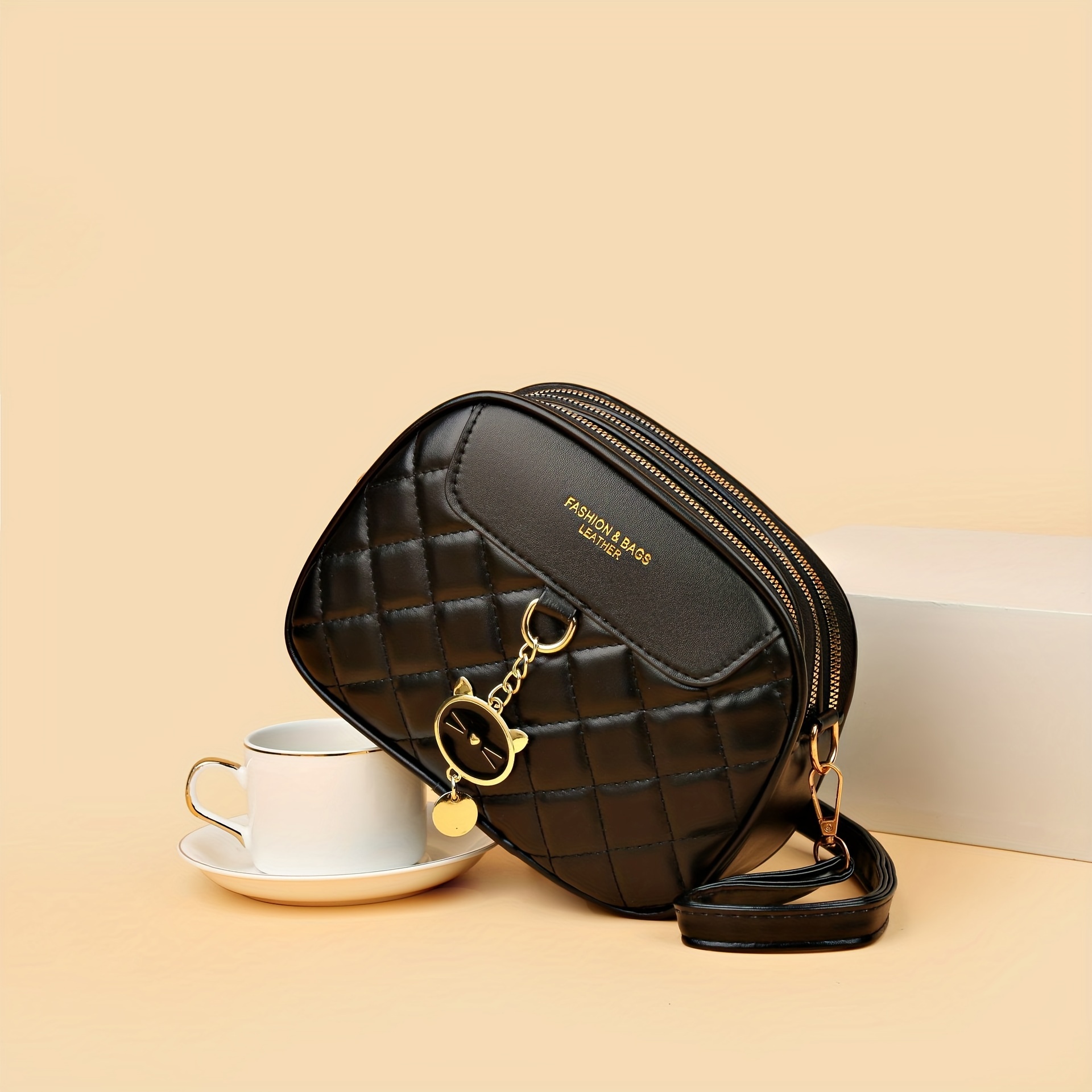 

Classic Chic Quilted Crossbody Bag, Pu Leather, Black, Elegant Shoulder Purse With Zipper And Golden-tone Cat Charm