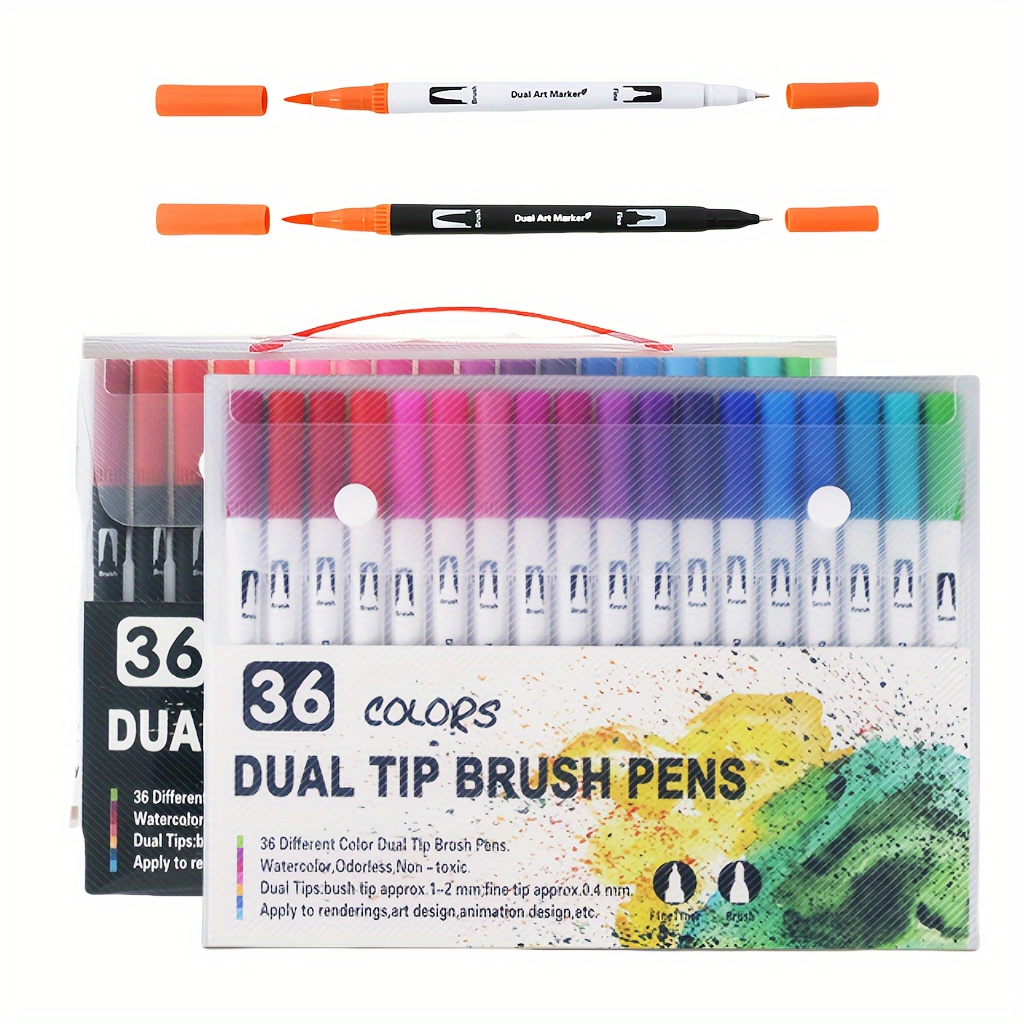 

36-color Dual-tip Watercolor Pen Set - Black & White Barrels, Artist Supplies For Painting, Sketching & Office Use