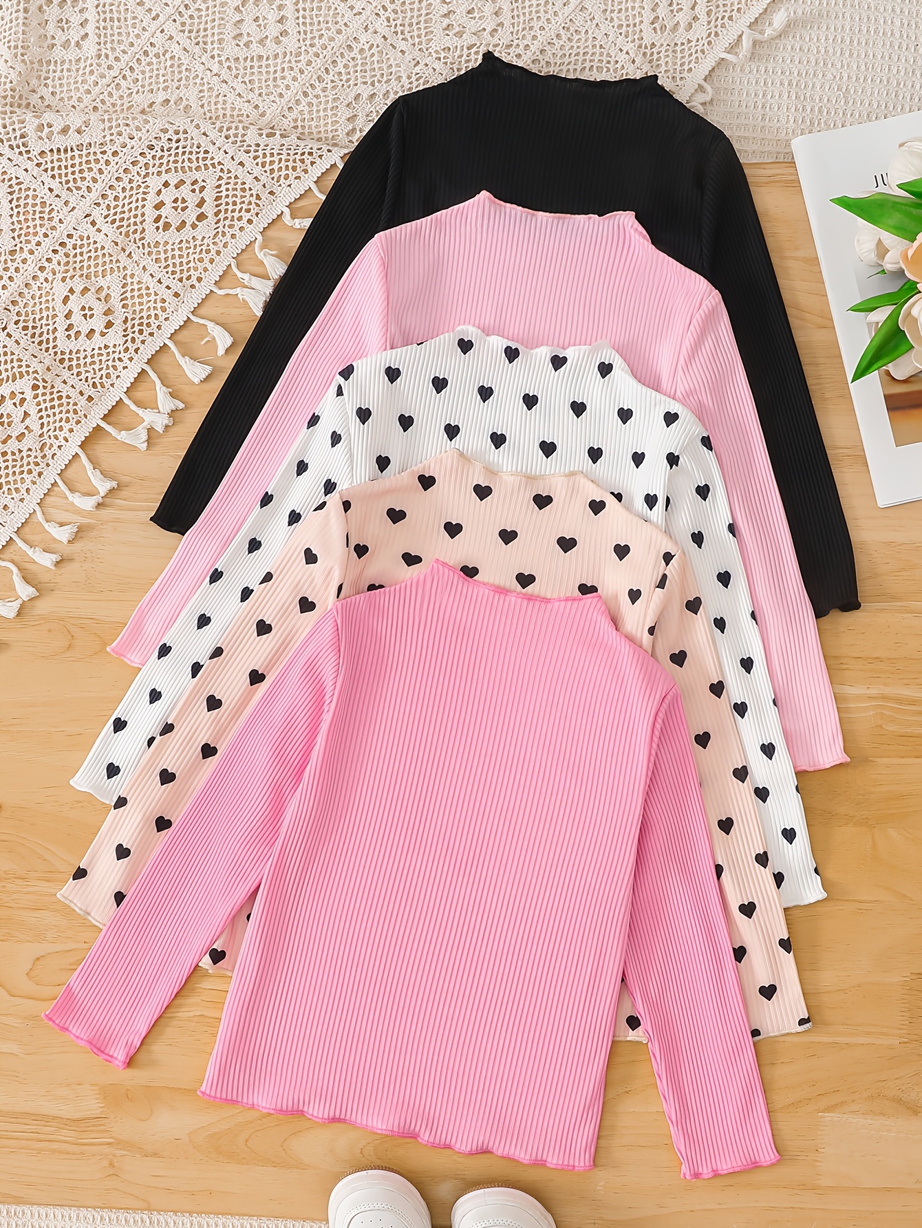 5pcs Girls' Heart Pattern Long-Sleeve Tops Set, Spring/Autumn