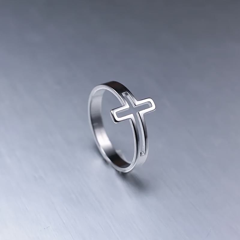 1pc Minimalist Stainless Steel Neutral Ring With A Cross Pattern, Featuring A Geometric Hollow Adjustable Design, Perfect For Wedding Or Christmas Gifts