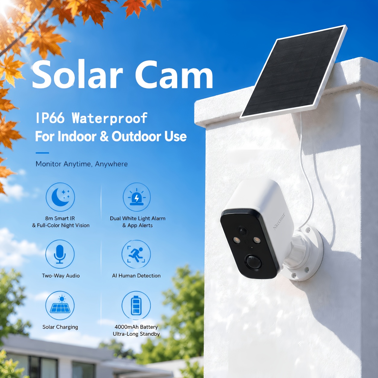 TEMU 1pc Solar-powered Outdoor Wireless Hd Security Camera, 720p, Ip66 Waterproof & Dustproof, 2.4ghz, Detection, App Alerts, Audio, Cloud Storage,