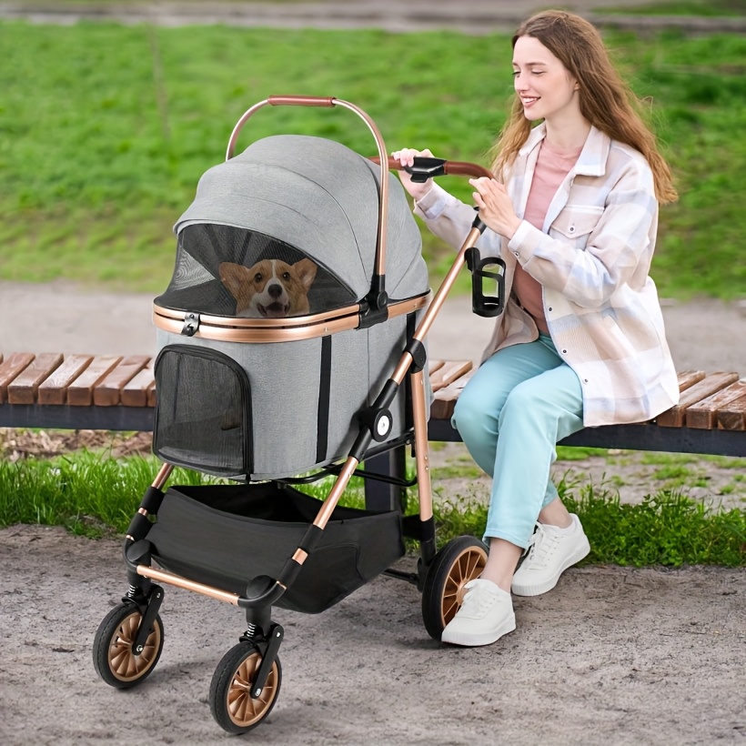4-in-1 Dog Stroller, Cat Stroller, Foldable Dog Stroller, Foot Brake, Load-bearing Capacity 25kg, Multifunctional Dog Stroller, 4 Shock-absorbing Rubber Wheels
