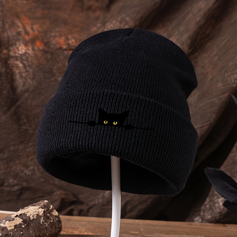 

Unisex Knit Beanie Hat With Black Cat Embroidery, Hip Hop Style, Fashionable Cuff Cap, Machine Washable, Single Pack