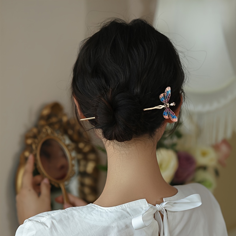 

Vintage Enamel Dragonfly Hair Stick, Fashion Copper Rod Hairpin, Elegant Accessory For Daily Updos, Traditional Chinese Hair Decor For Women And Men