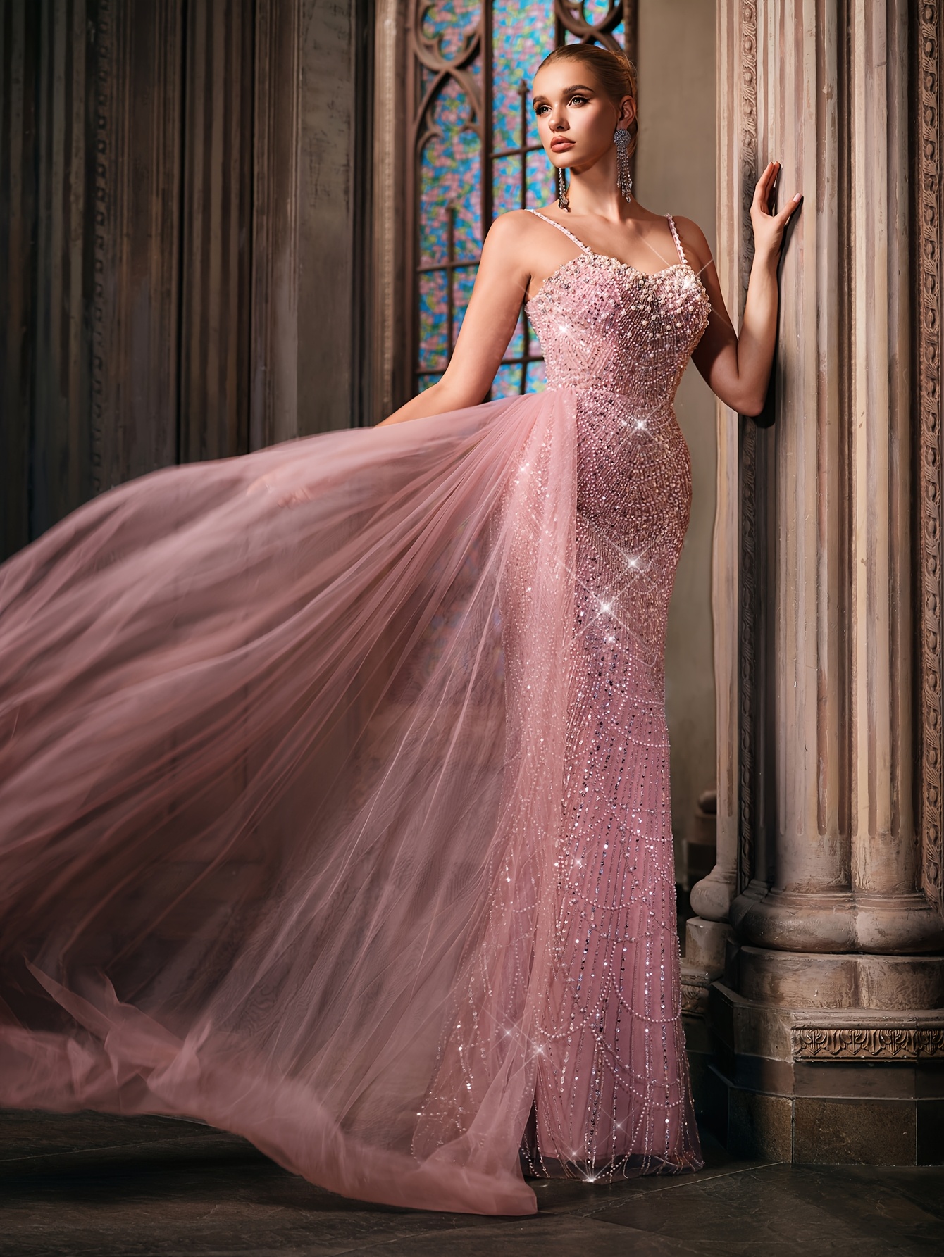 Pink Sequin Sparkly Strappy Dress Pink Sparkle Ruched Mesh Strappy