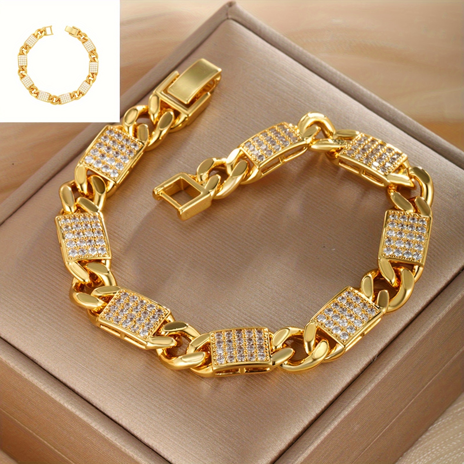 

1pc Fashion Trend Inlaid Zirconia Cuban Chain For Men And Women Alloy Gold Plated Light Luxury Premium Feeling Bracelet Is The Perfect Gift!