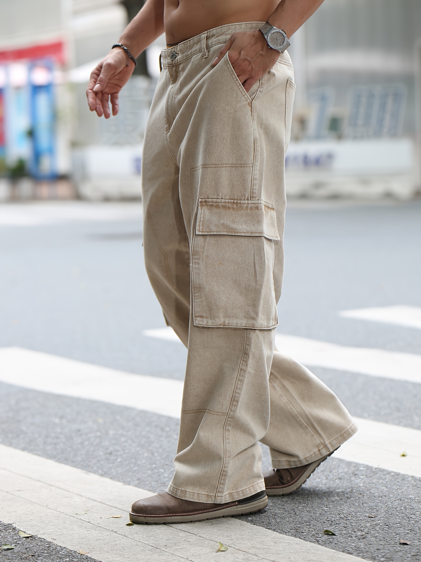 Large Size Men's Solid Color Loose Straight Side Pocket Washed Work Denim Jeans #D7606