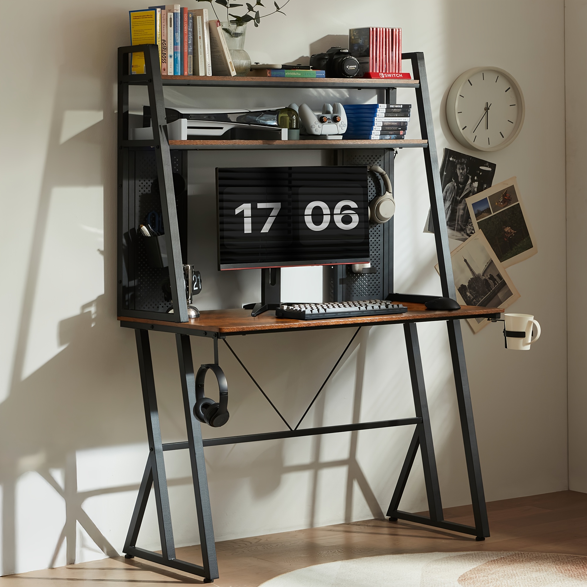 Gaming Desk (with High Shelf), Gaming Computer Desk (with Carbon Fiber Surface), Home Office Desk, Computer Workstation (with Cup Holder And Headphone Hook), 100x55cm, White
