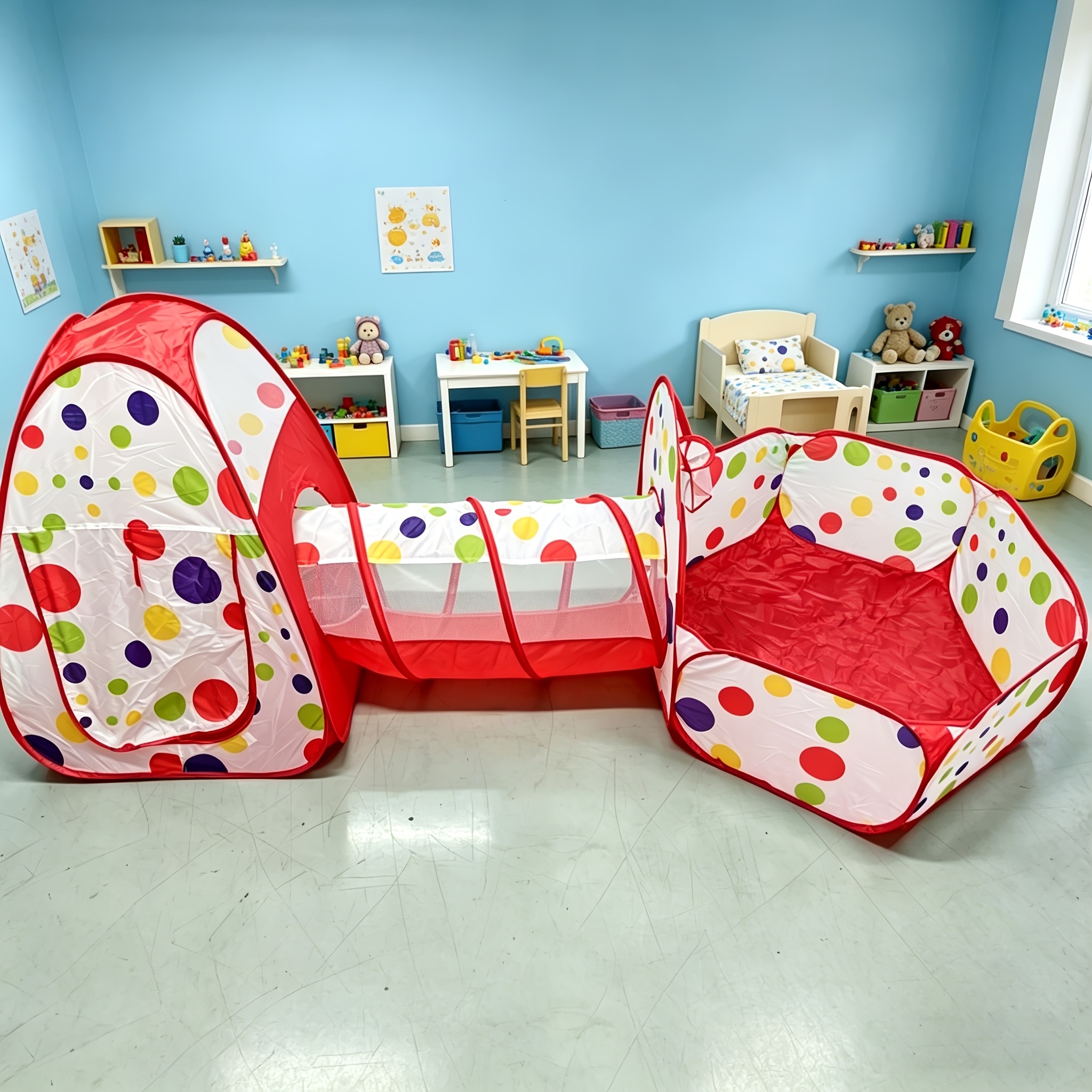 Image of Indoor Outdoor Kids Play Tent With Tunnel And Ball Pit, Foldable Pop Up Playhouse For Toddlers, Polka , Easy Setup For Home Backyard