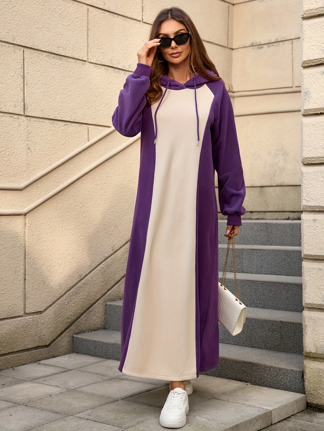 Color Block Hooded Kaftan Dress, Elegant Long Sleeve Hooded Loose Fit Ankle  Length Dress, Women's Clothing