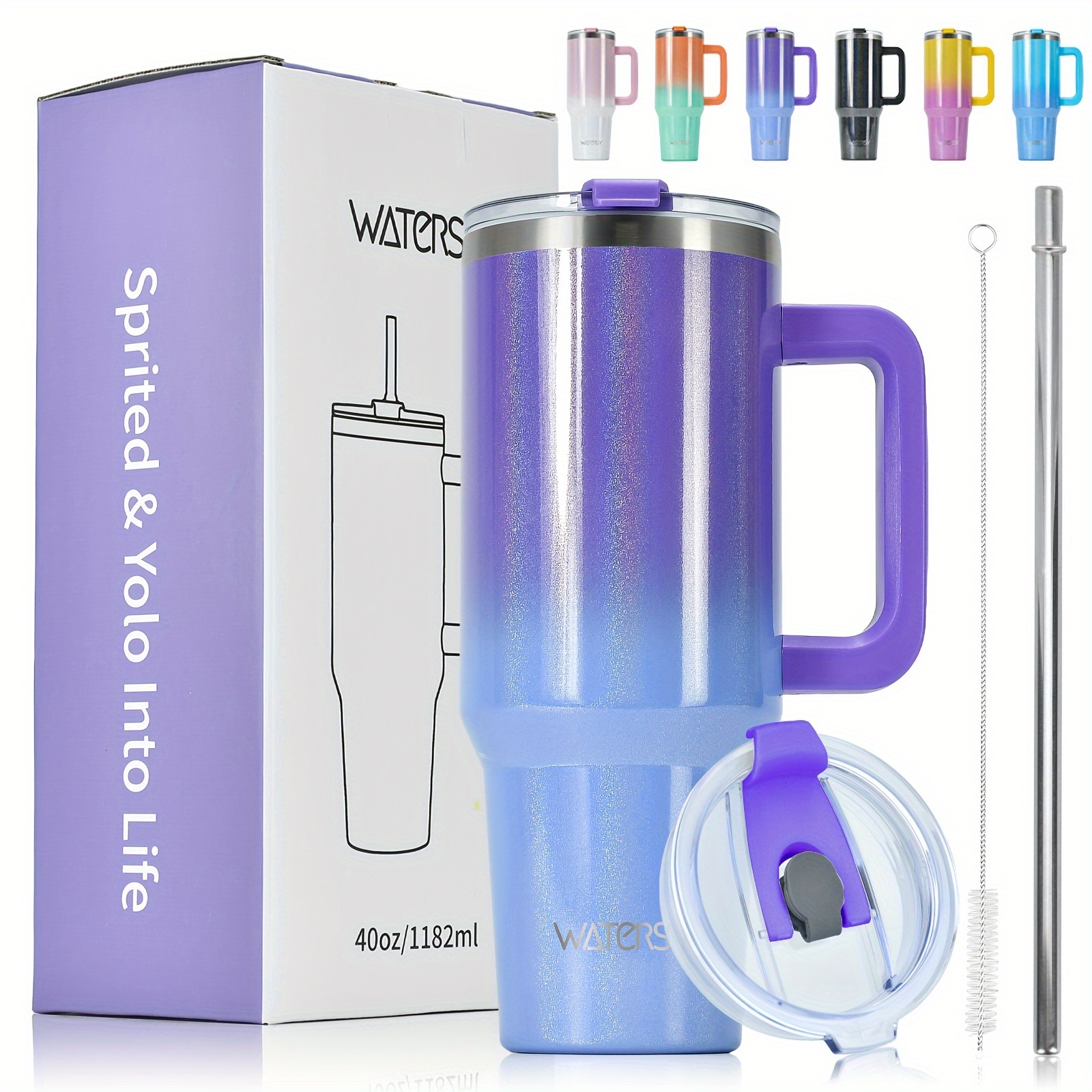 1개   40oz 핸들 있는 텀블러, 스틸 스트로우 및 스트로우 브러시 및 두 개의 2-in-1 리드, 100% 누출 방지, 절연 스테인리스 스틸 여행 커피 머그, 34시간 동안 차가운 유지, 자동차 컵 홀더에 적합