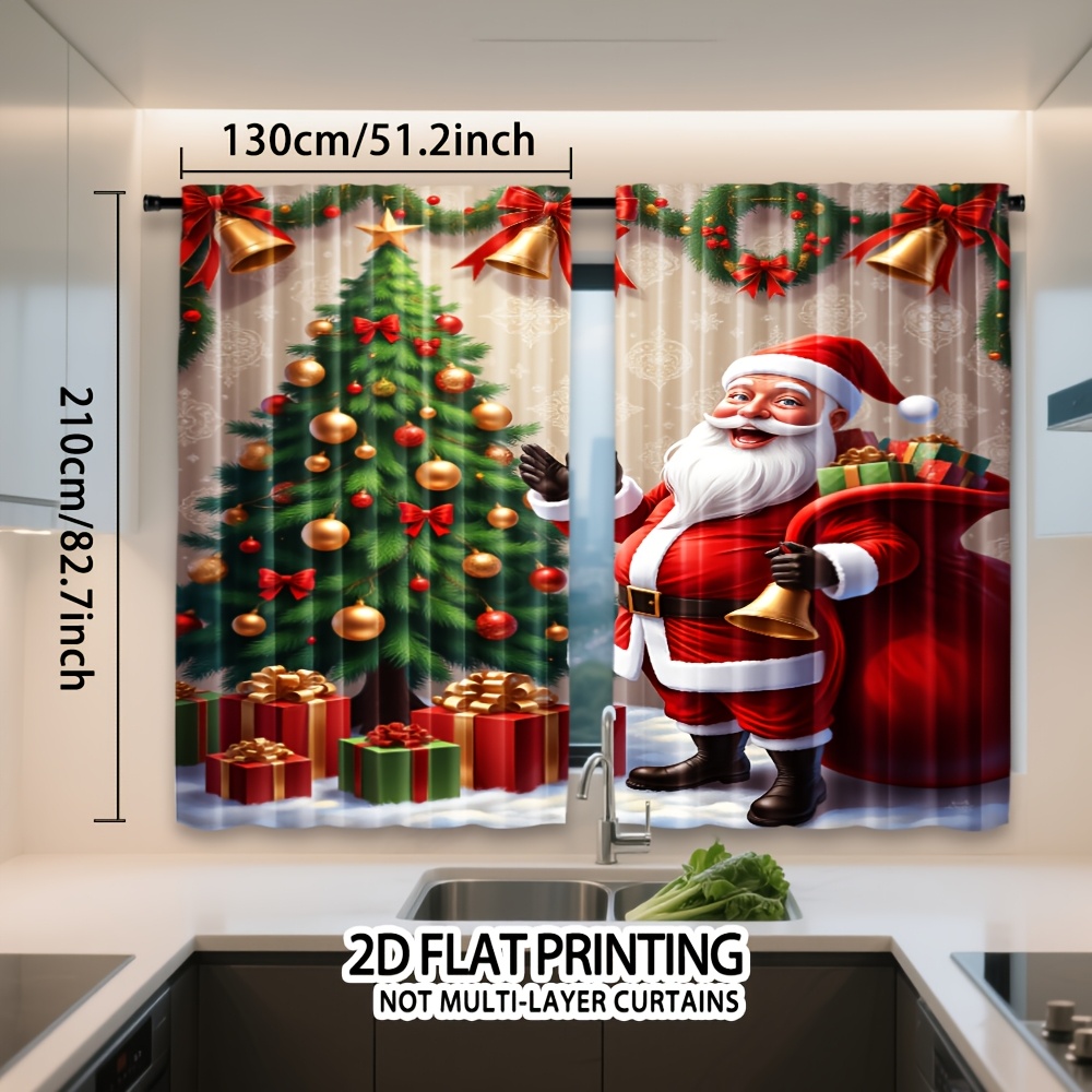 TEMU 2d Flat - 2d Flat - Set Of 2 Washable Polyester Curtains Featuring A Festive Santa Tree Print, Perfect For Decor Room, Bathroom, Or . Artistic