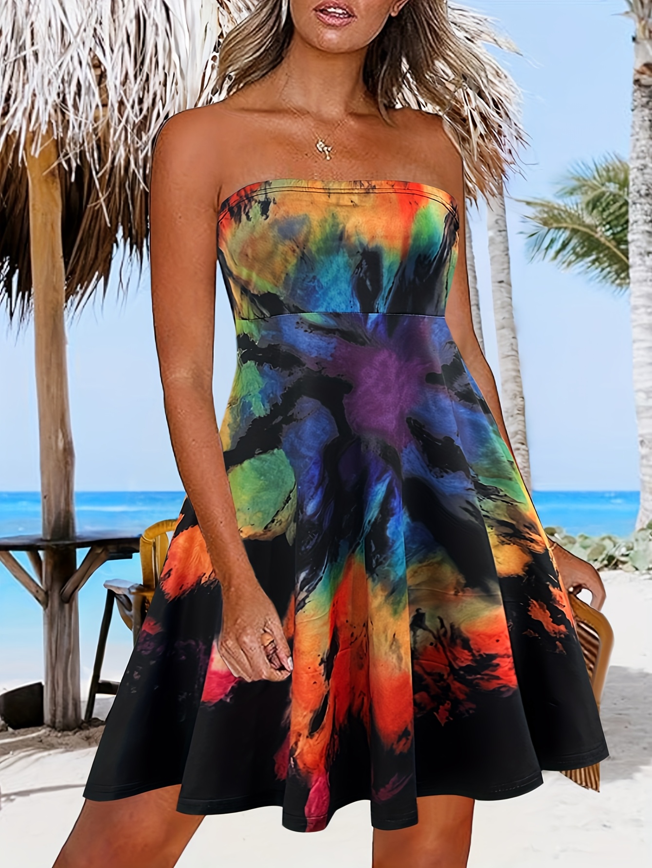 Women'S Summer Tie Dye Bandeau Dress Strapless Knit Fabric Polyester and  Spandex with Tie Dye Print