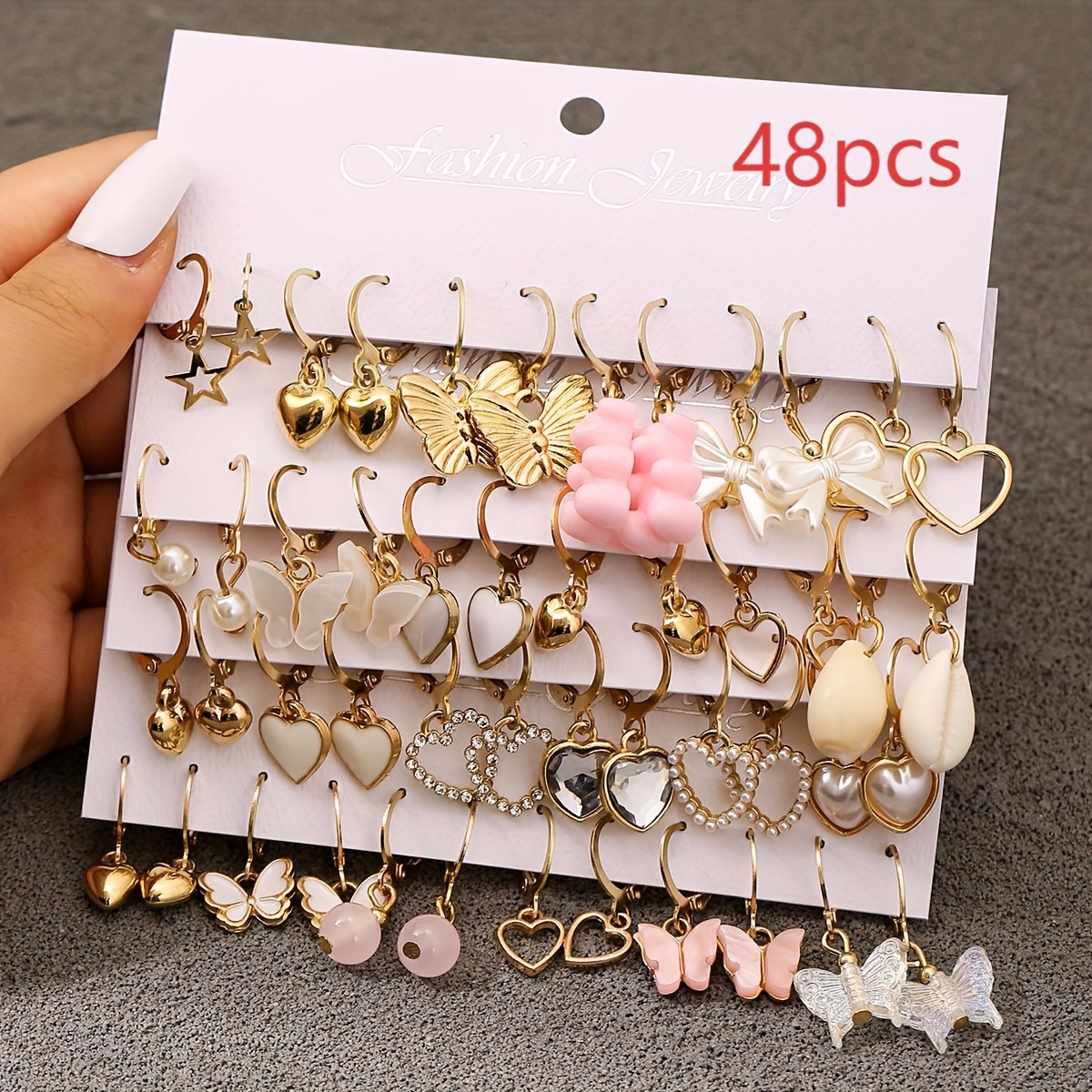 TEMU 48pcs Set: 24 Pairs / 24pcs Set: 12 Pairs / 12pcs Set: 6 Pairs Earring Set, Multi-shape Hollow-out Heart, , Shell, Star, And Round Designs,