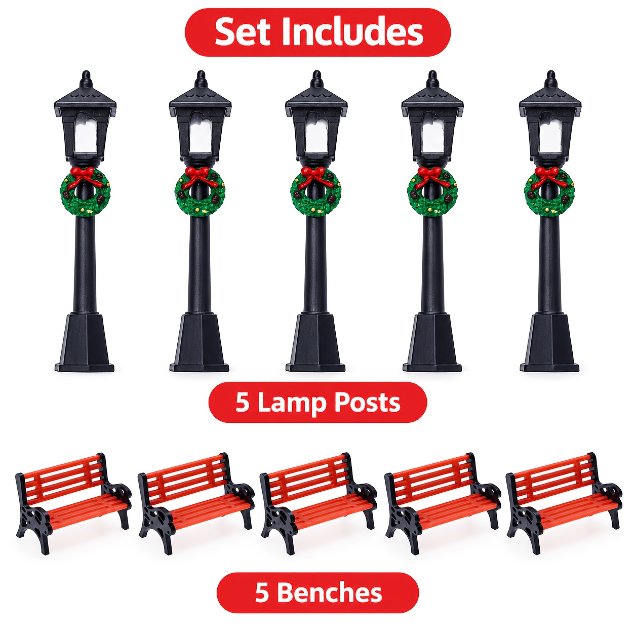 TEMU 10pcs Mini Christmas Village Decoration Set, 5 Vintage Wreath Lamp Posts And 5 Benches, Miniature Winter Landscape Additions For Tabletop, Fairy