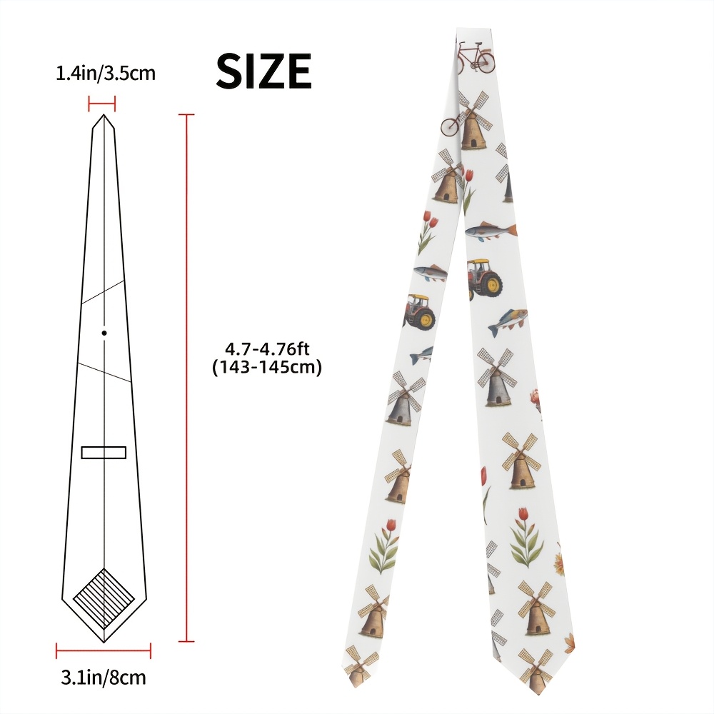 TEMU 1 stuk Heren Stropdas met & Tulpen Print - Thema (Dutchman) met Windmolens, Tulpen & Meeuwen - 8 cm Breedte, Wasmachinebestendig Polyester voor