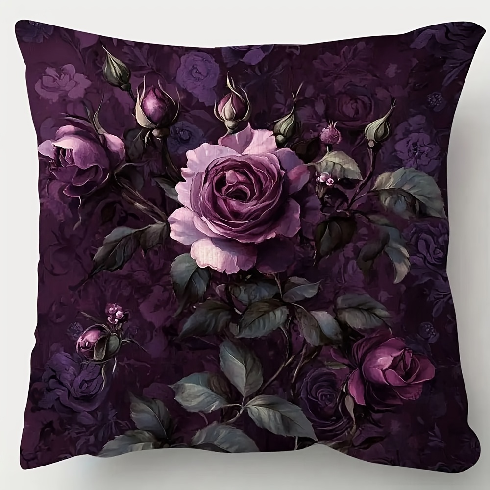 TEMU An Elegant Rose-themed Decorative Pillow Cover In Deep Purple And Rococo Style - 18x18 Inches, Featuring Soft Short Plush Fabric, Single-sided