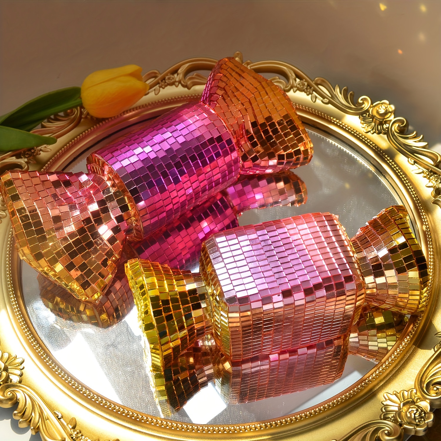 

1pc Sparkling Disco Candy Ornament - Vibrant Pink & Golden, Reflective Glass Decor With , Ideal For Home, Bars, Parties