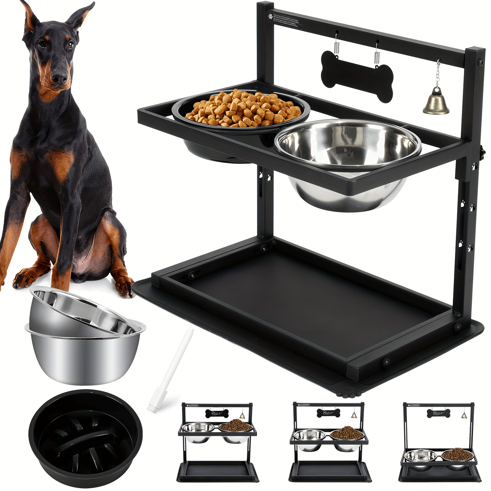 Image of Elevated Dog Bowls With Slow Feeder, Raised Dog Bowl For Large Dogs Adjusable Height With 2 Dog Food Bowls Spill Proof Mat, Holder For Large Medium Dogs (black)