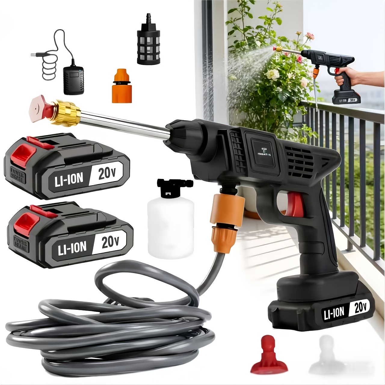TEMU 20v Cordless High Pressure Washer Gun, Portable Electric Water Gun With Rechargeable Lituhm Batteries & 6-in-1 Functions, Multi-functional For