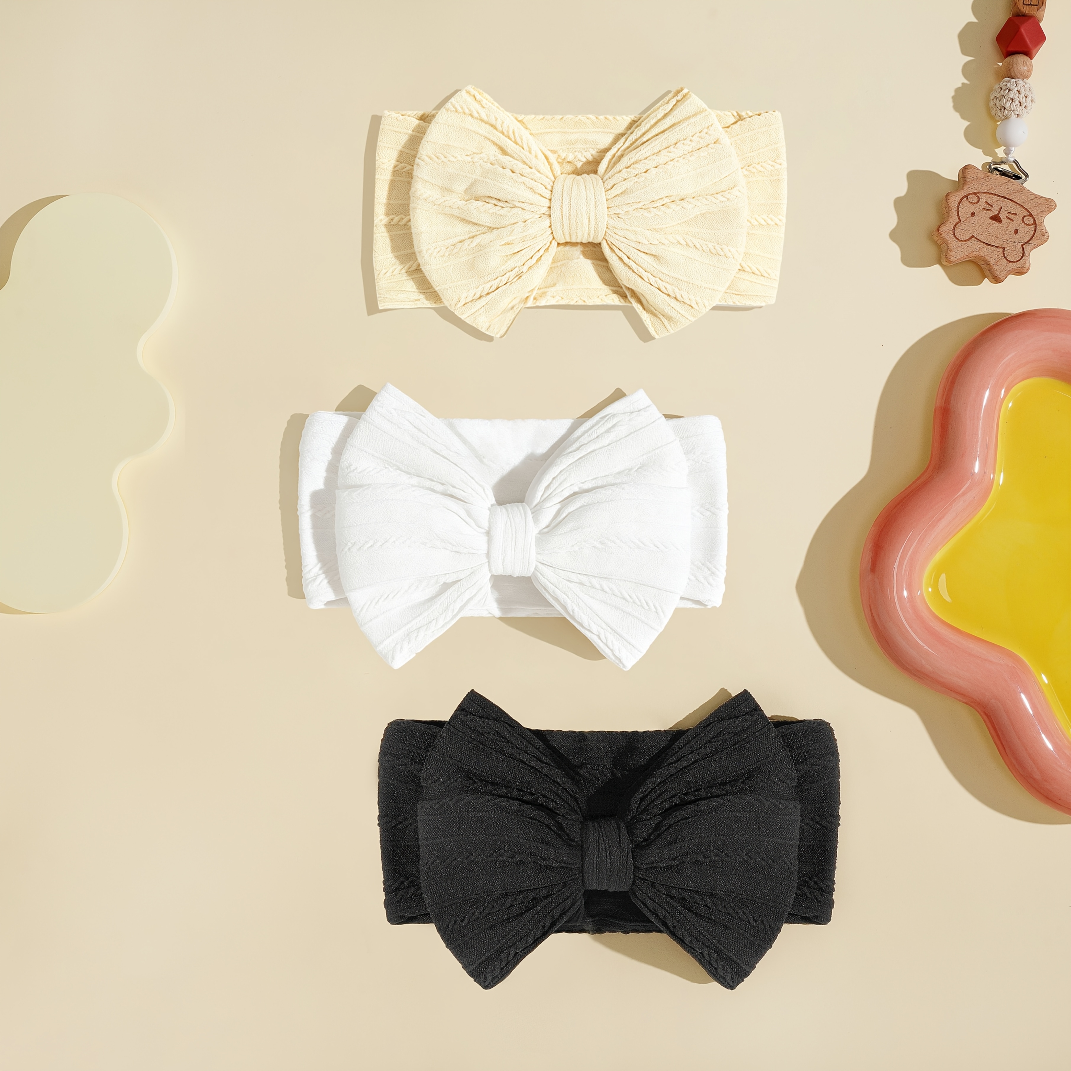 Image of 3pcs 6-inch Super Stretchy Soft Handmade Headbands With Double Bows Head Wrap Nylon Hair Additions For Kids, Suitable For Photography Props