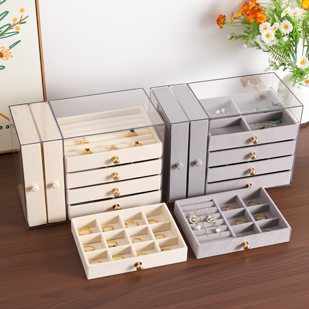 large capacity jewelry organizer box with multiple compartments for earrings rings necklaces bracelets durable plastic desktop storage box with golden handles polished   fabric lined interior ideal for valentines day christmas gifts jewelry gift box jewelry boxes Product details 4