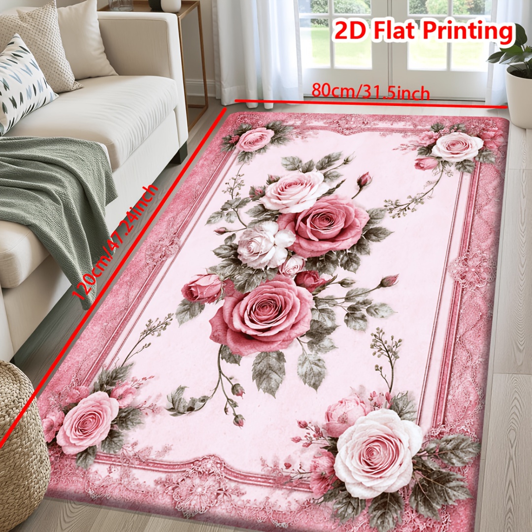 TEMU Item, Rose Floral Border Pattern Printed Multi-functional Decorative Item, Made Of 1cm Thick Sponge And Flannel, Suitable For Living Room Rugs,