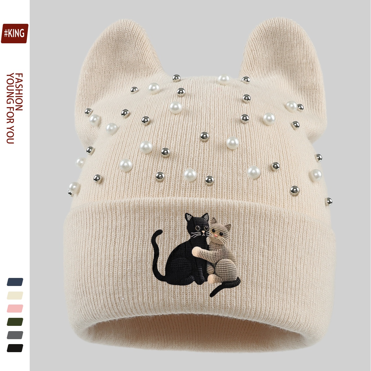 TEMU 1pc Chapeau d'hiver à oreilles perlées avec imprimé de chat, bonnet de ski léger et chaud, au froid, bonnet de randonnée unisexe, cadeau