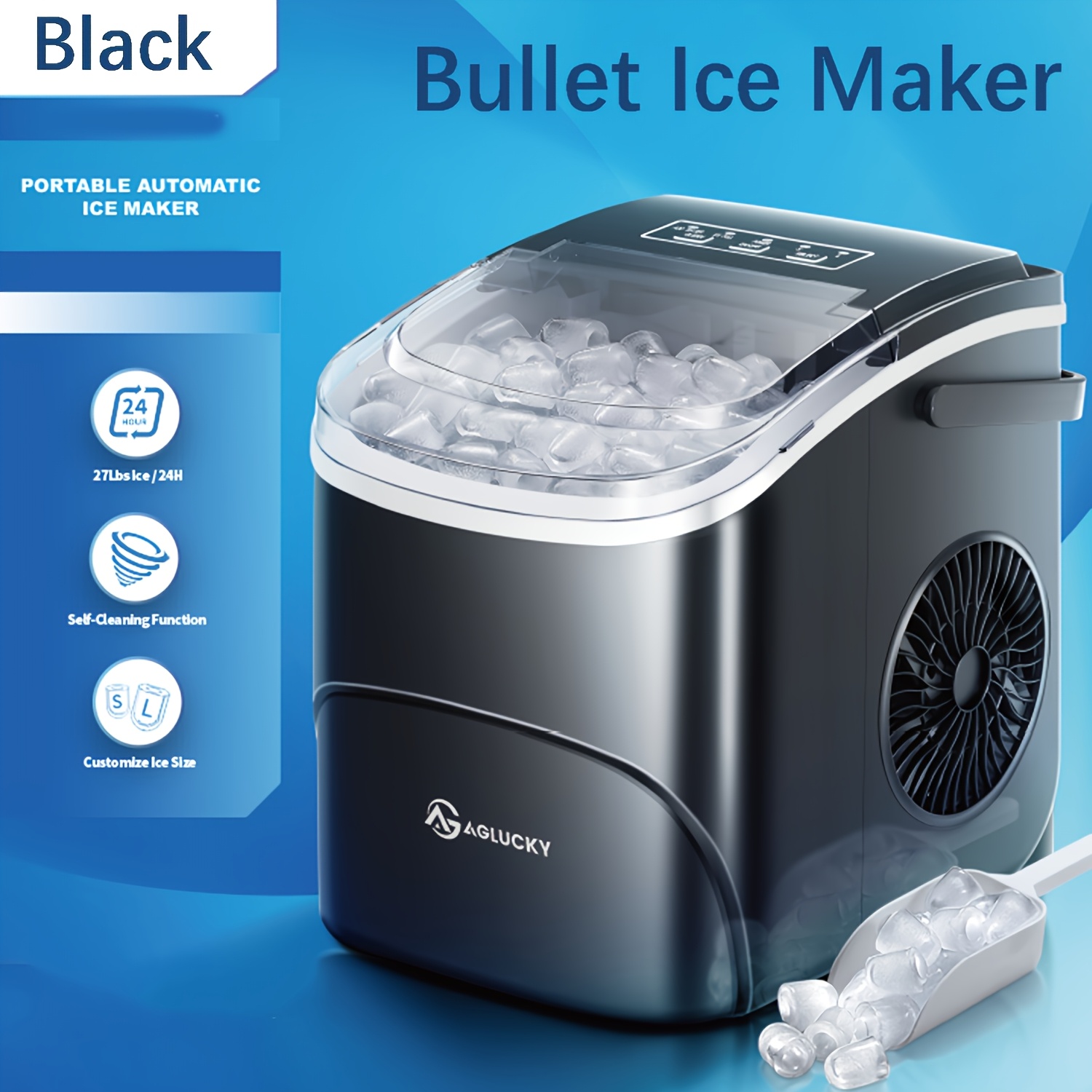 Totnz Countertop Ice Maker - Self-Cleaning Ice Machine, 26 Lbs in 24 Hrs, Compact Ice Makers with Ice Basket & Scoop, 2 Ice Sizes for Party/Dorm, Black