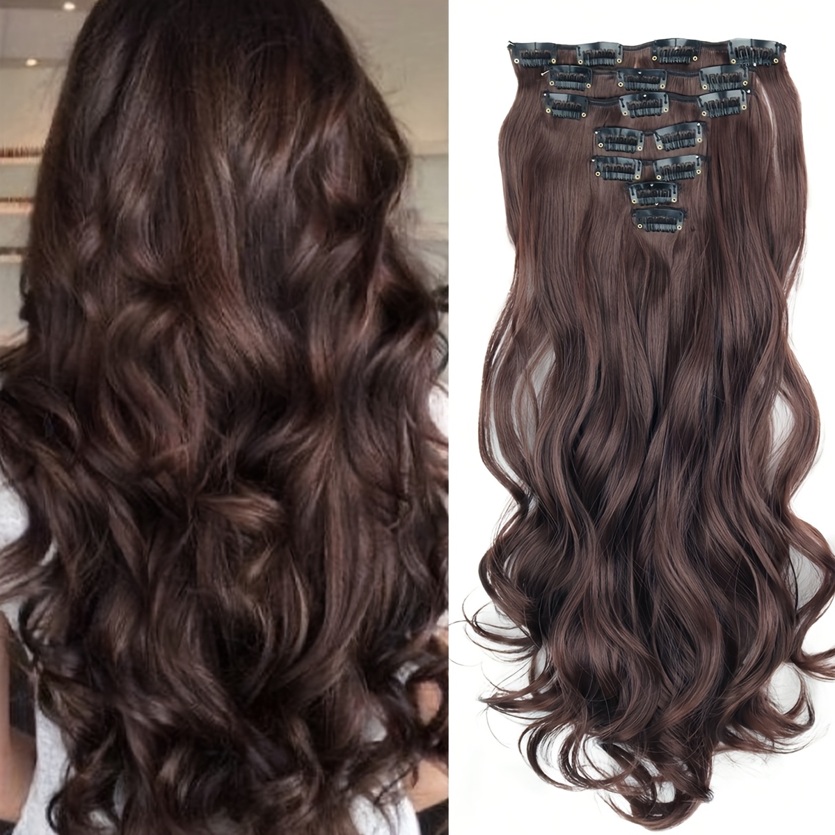 TEMU 20/28-inch Lange Golvende Clip-In Haarverlengingen, 7 stuks per set, Dikke strengen, Onzichtbaar Clip Ontwerp, Zachte Synthetische , Zwart, voor